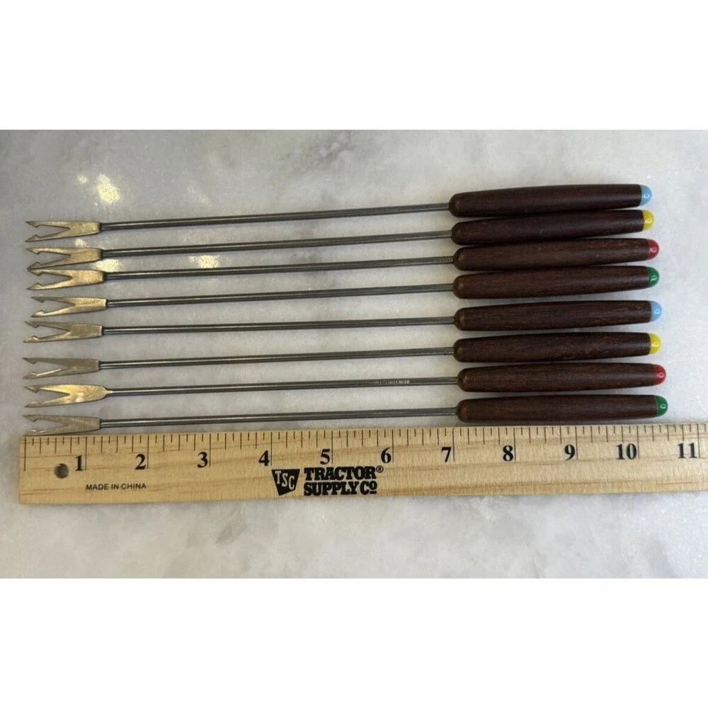 Vintage Fondue Fork Set (8) Color Coded Stainless Steel Wood Handle 10.5 In